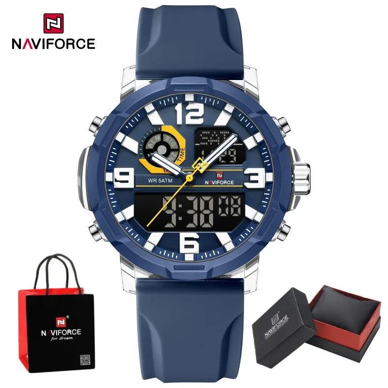 NAVIFORCE Men Dual Display Watch Alarm Clock 50M Waterproof Chronograph Stylish Novel Teenager Outdoor Sport Wristwatch Gift Box