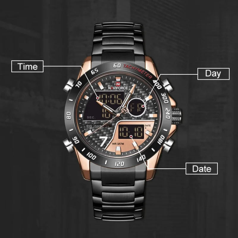 NAVIFORCE Watches for Men Quartz Dual Display Luminous Stainless Steel Strap Male Normal Business Wristwatch Father's Day Gifts