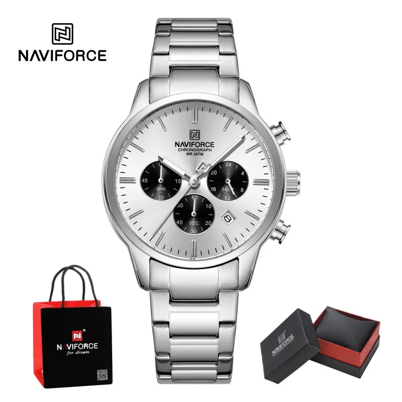 NAVIFORCE 2026 Man's Watch Quartz Chronograph 30M Waterproof Date Display Steel Band Male Fashionable Luxury Wristwatch Gift Box