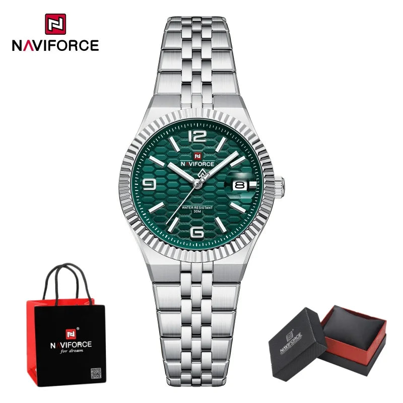 NAVIFORCE Luxury Women Quartz Calendar Watch 30M Waterproof Luminous Steel Strap Female Casual Girls Fashion Wristwatch Gift Box