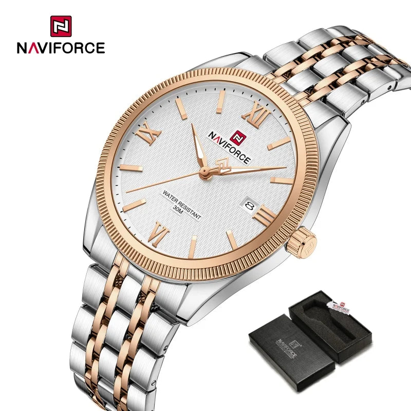 NAVIFORCE Man Wristwatch Quartz Calendar 30M Waterproof Date Display Steel Band Casual Male Business Watch Gift for Father's Day