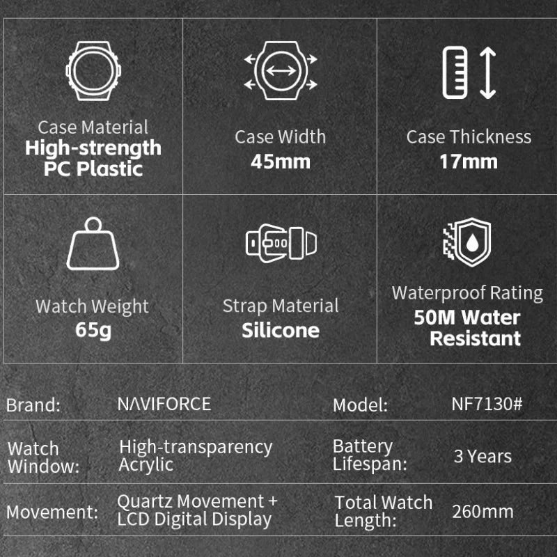 NAVIFORCE Men's Military Quartz Watch Slate Gray Dial White Arabic Numeral Scale 5ATM Waterproof Sports Personality Wristwatches
