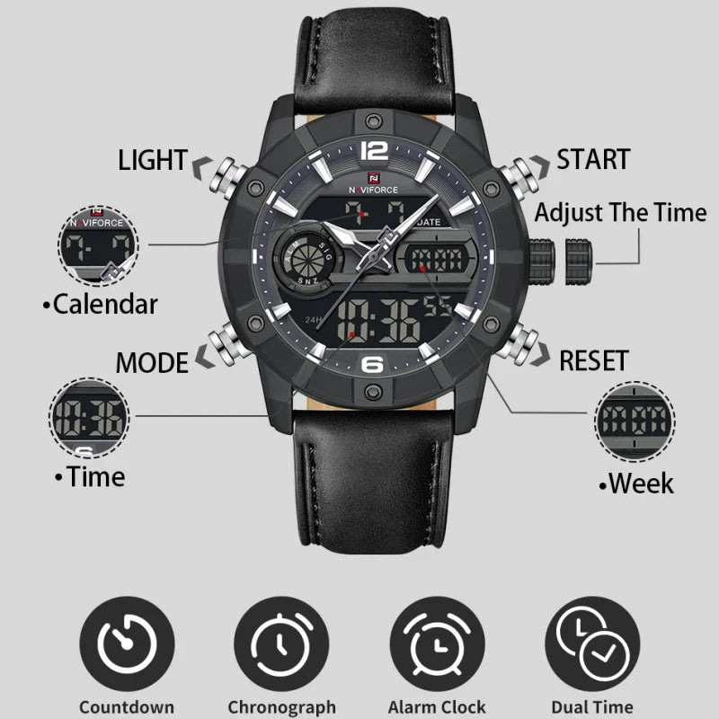 NAVIFORCE Men Quartz Watch Dual Time Date Night Illumination Classic Business Male Clock Luxury Original Waterproof Wristwatch