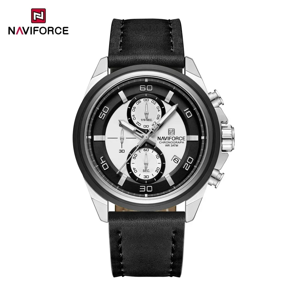 Original NAVIFORCE Business Luxury Leather Strap Men Watches Sports Chronograph Watch for Man 3ATM Waterproof Quartz Wristwatch