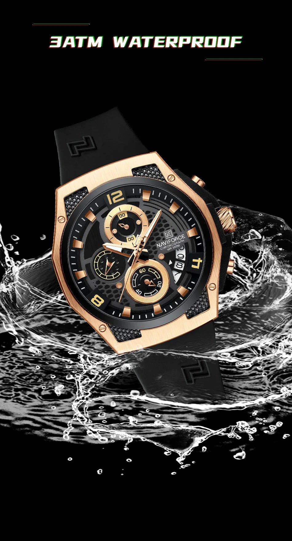 NAVIFORCE Men's Luxury Silicone Strap Male Quartz Wristwatch Casual Sport Waterproof Luminous Clock Relogio Masculino 2024 New