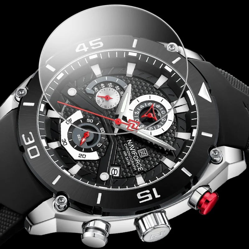 NAVIFORCE Man's Watch Quartz Chronograph 30M Waterproof Luminous Silicone Strap Trendy Sports Simple Wristwatch Gift Box for Men