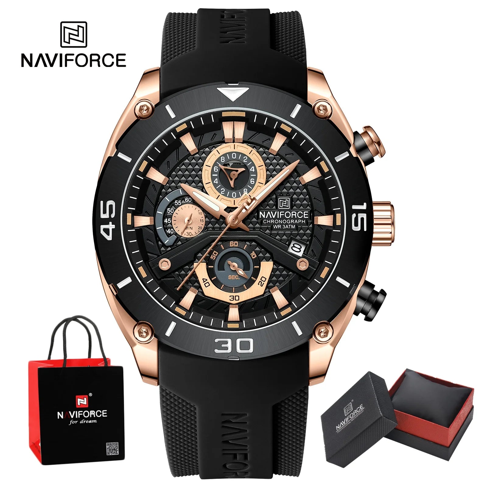 NAVIFORCE Man's Watch Quartz Chronograph 30M Waterproof Luminous Silicone Strap Trendy Sports Simple Wristwatch Gift Box for Men