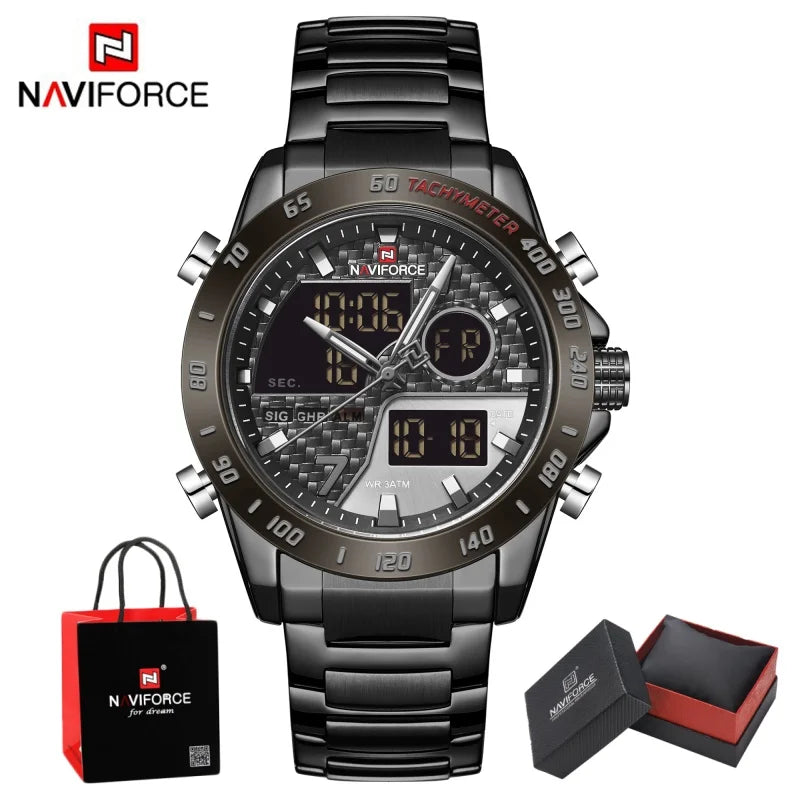 NAVIFORCE Man's Quartz Watch Dual Display Luminous Stainless Steel Strap Male Fashion Business Father's Day Wristwatch Gifts Box