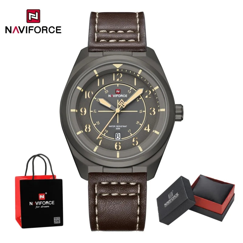 NAVIFORCE Men's Quartz Calendar Watch 3ATM Waterproof Leather Strap Casual Fashion Business Daily Wear Male Wristwatch Gift Box