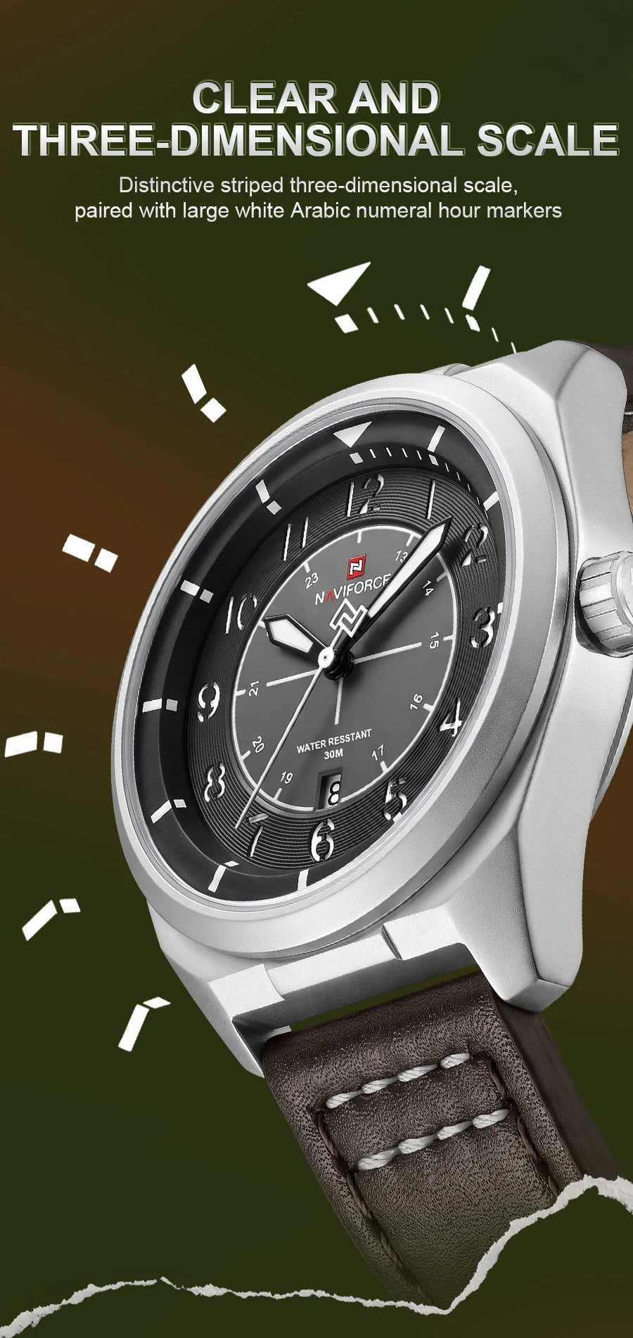 NAVIFORCE Men's Quartz Calendar Watch 3ATM Waterproof Leather Strap Casual Fashion Business Daily Wear Male Wristwatch Gift Box