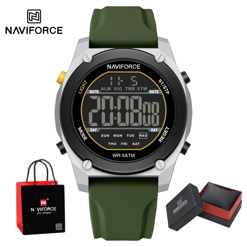 NAVIFORCE Men's LCD Digital Watch 50M Water Resistant Electronic Calendar Fashion Silicone Band Alarm Clock Wristwatch Gifts Box