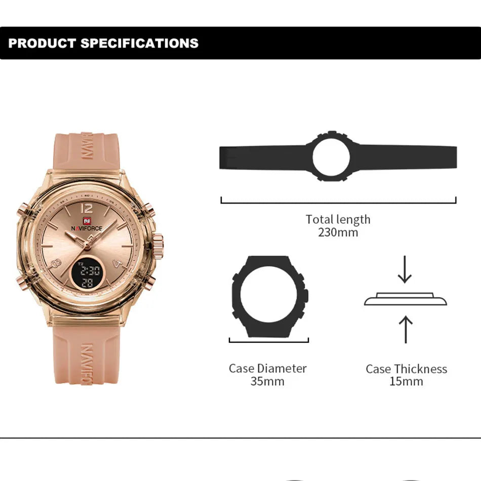 NAVIFORCE Sport Watches Women 50M Waterproof Lady Watch Lover Gifts Dual Time Display Wristwatch Digital LED Back Light Clock