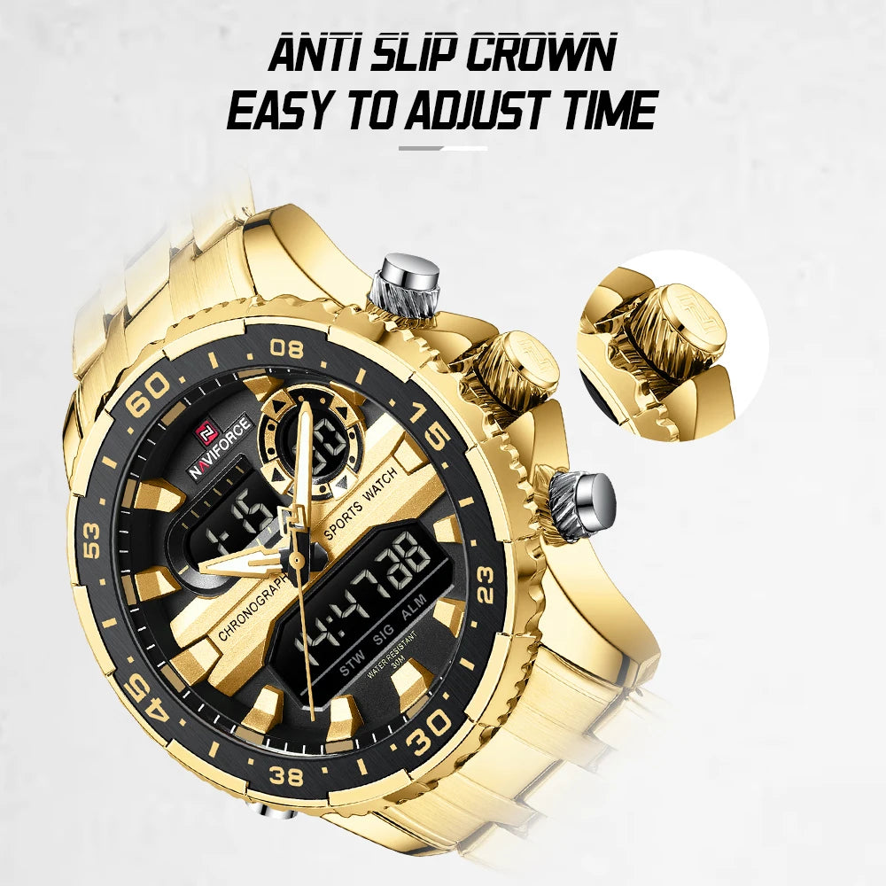 NAVIFORCE Men's Sports Alarm Watch Waterproof Chronograph Quartz Movement Steel Band Digital Date Week Display Wristwatches Gift