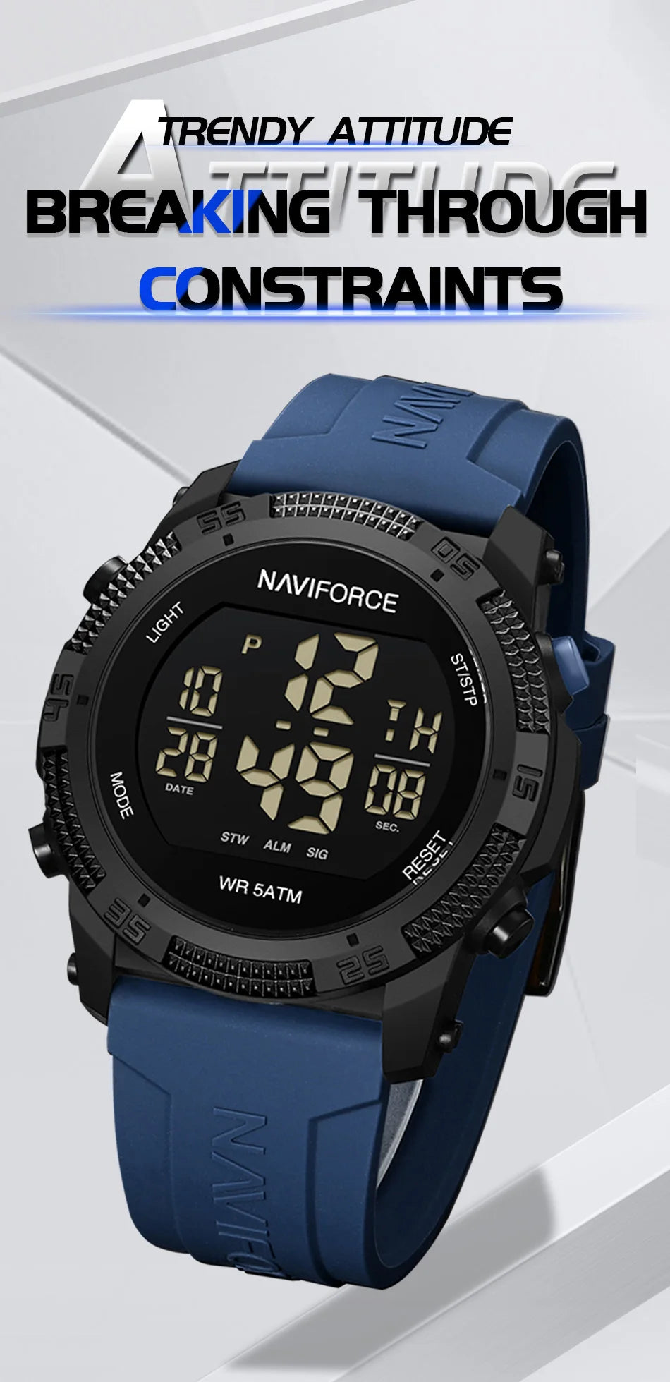 NAVIFORCE Men's Electronic Watch Fashion 5ATM Waterproof Silicone Strap Calendar Male LCD Digital Wristwatch Relogio Masculino