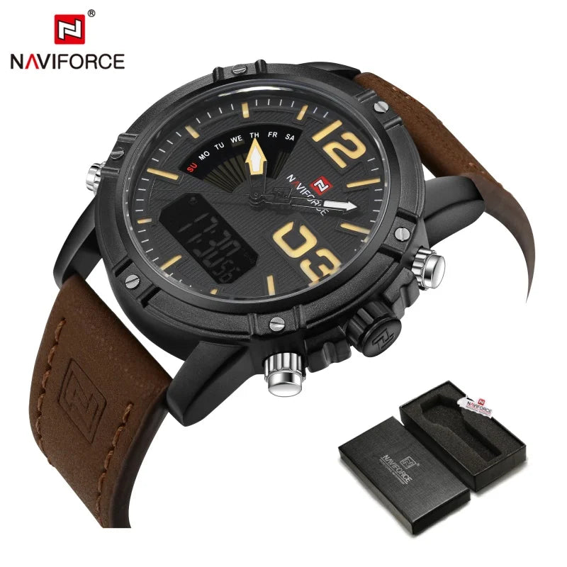 NAVIFORCE Luxury Brand Men's Sport Watches Men Dual Display LED Digital Waterproof Leather Strap Quartz Military Watch Man Clock