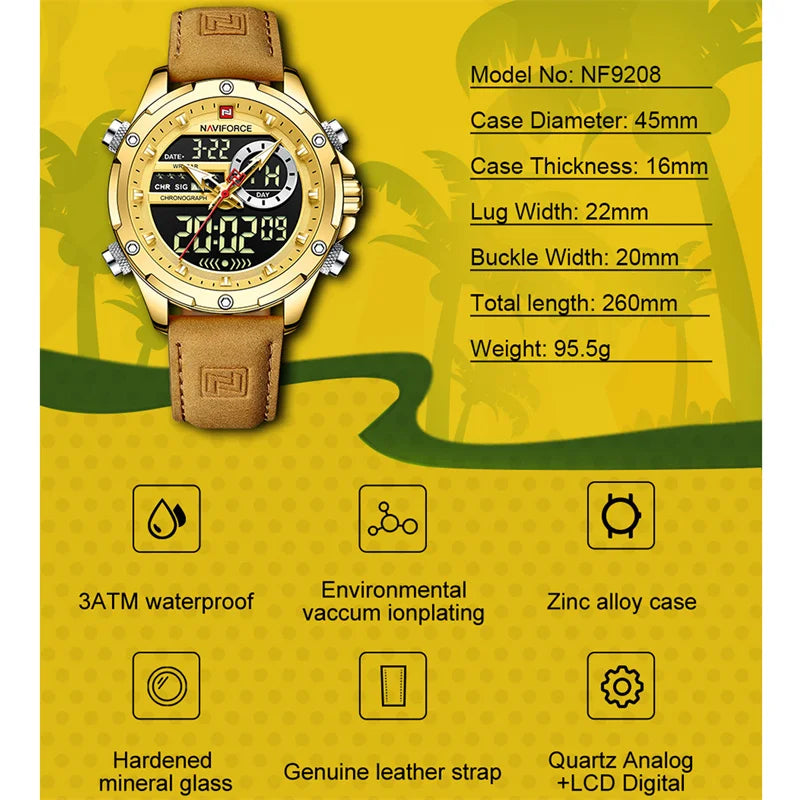 NAVIFORCE Quartz WristWatch For Men Luxury Brand Original Watch Casual Sports Chronograph Leather Waterproof Clock Package Gifts