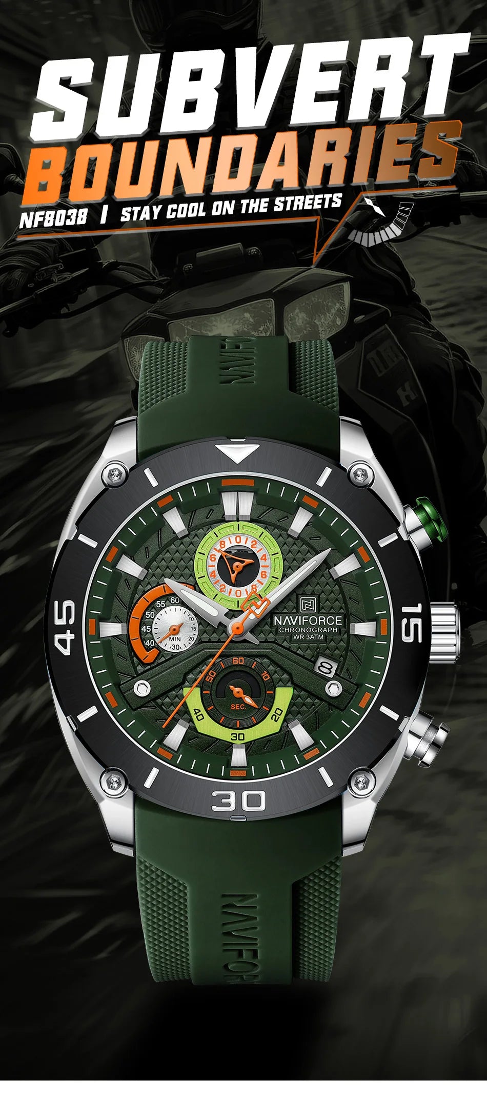 NAVIFORCE Man's Watch Quartz Chronograph 30M Waterproof Luminous Date Display Silicone Strap Trends Sports Wristwatch for Men