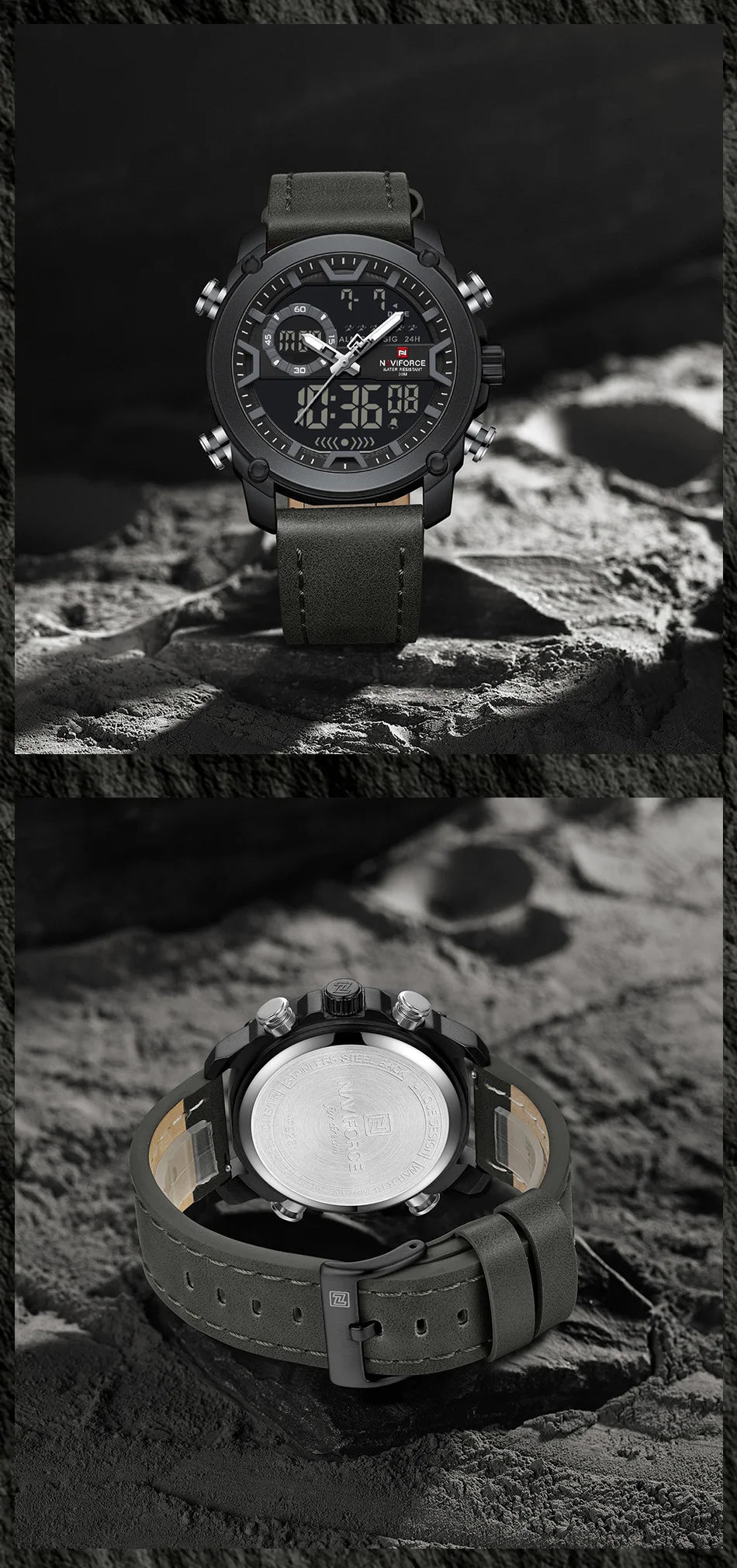 NAVIFORCE Men Watch Business Casual Fashion Dual Display Sport Genuine Strap Alarm Mode Quartz Wristwatch Man Waterproof Watch