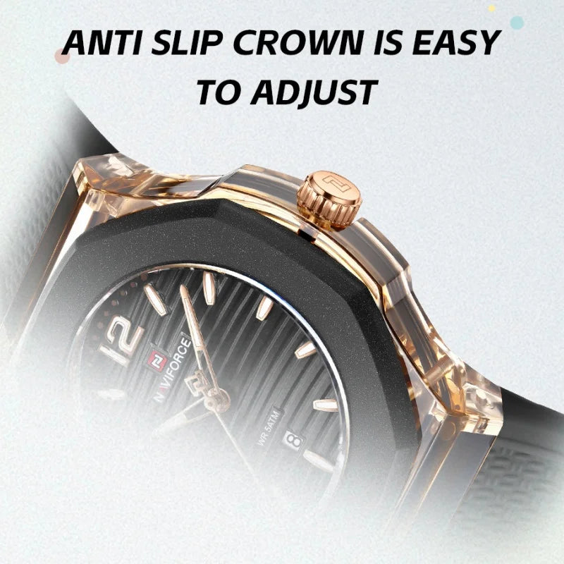 NAVIFORCE Fashion Watch for Women 5ATM Waterproof Silicone Strap Auto Date Display Night Illumination Ladies Elegant Watch Gift