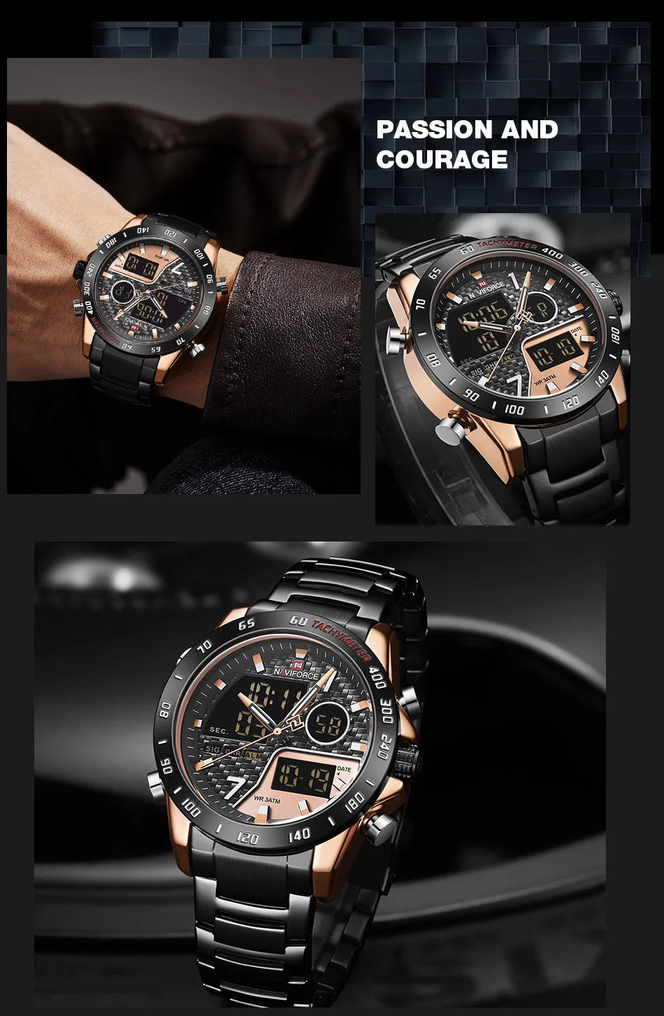NAVIFORCE Male Quartz Dual Display Clocks Waterproof Luminous Stainless Steel Strap Watches Men Mature Style Wristwatch Gift Box