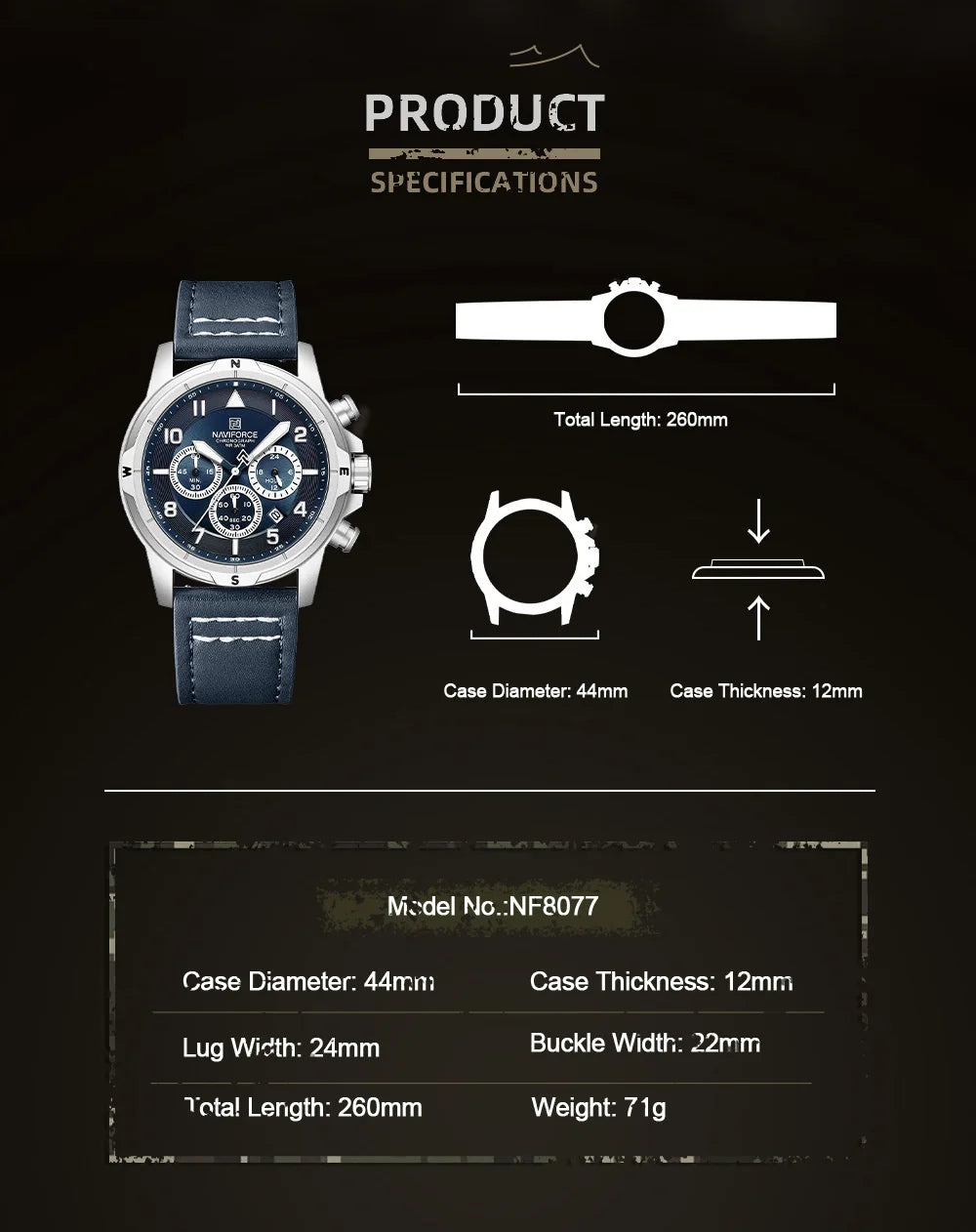 NAVIFORCE Men's Quartz Chronograph Wristwatch Multi Dial 24 Hour Clock Leather Band Modern Business Luxury Design Men Gift Watch