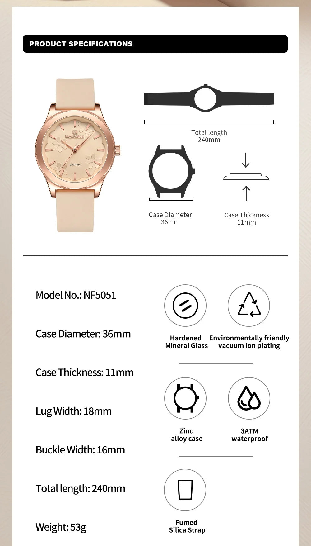 NAVIFORCE Women Simple Fashion Wristwatch Quartz 3ATM Waterproof Comfortable Silicone Strap Female Exquisite Wristwatch Gift Box