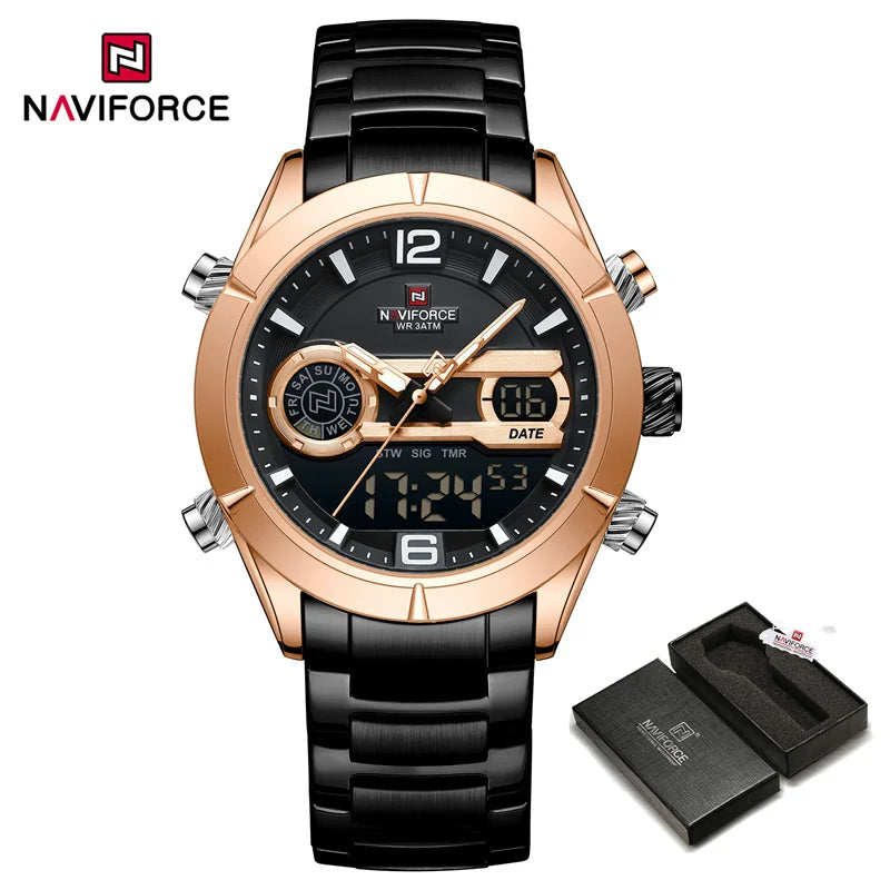 NAVIFORCE Brand Luxury Watch For Men Waterproof Digital Sport Quartz Wristwatches Military Luminous Stainless Steel Strap Clock