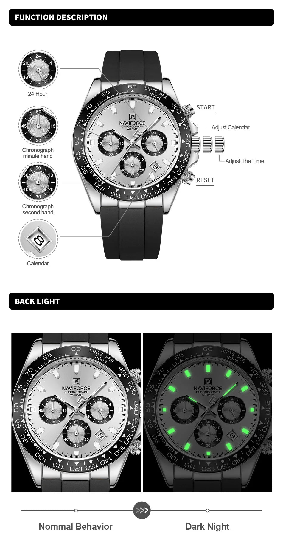 NAVIFORCE Men's Sport Watch Silicone Band Luminous Muti Chronograph Casual Wristwatch Relogio Masculino Male Gift with 2025 Mode