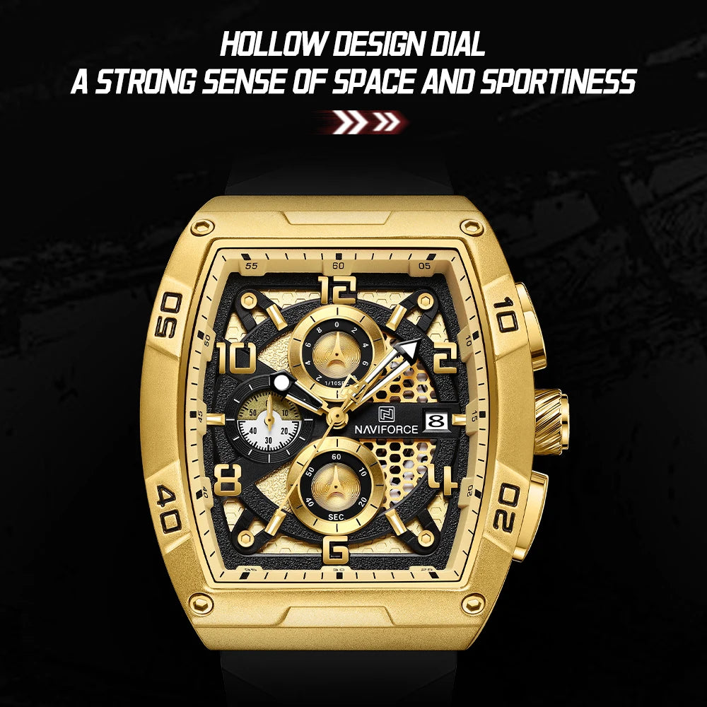 NAVIFORCE Fashion Men’s  Large Dia Multi-function PU Waterproof Clock Gold Design Quartz Watches Casual Male Wrist Watch Gifts