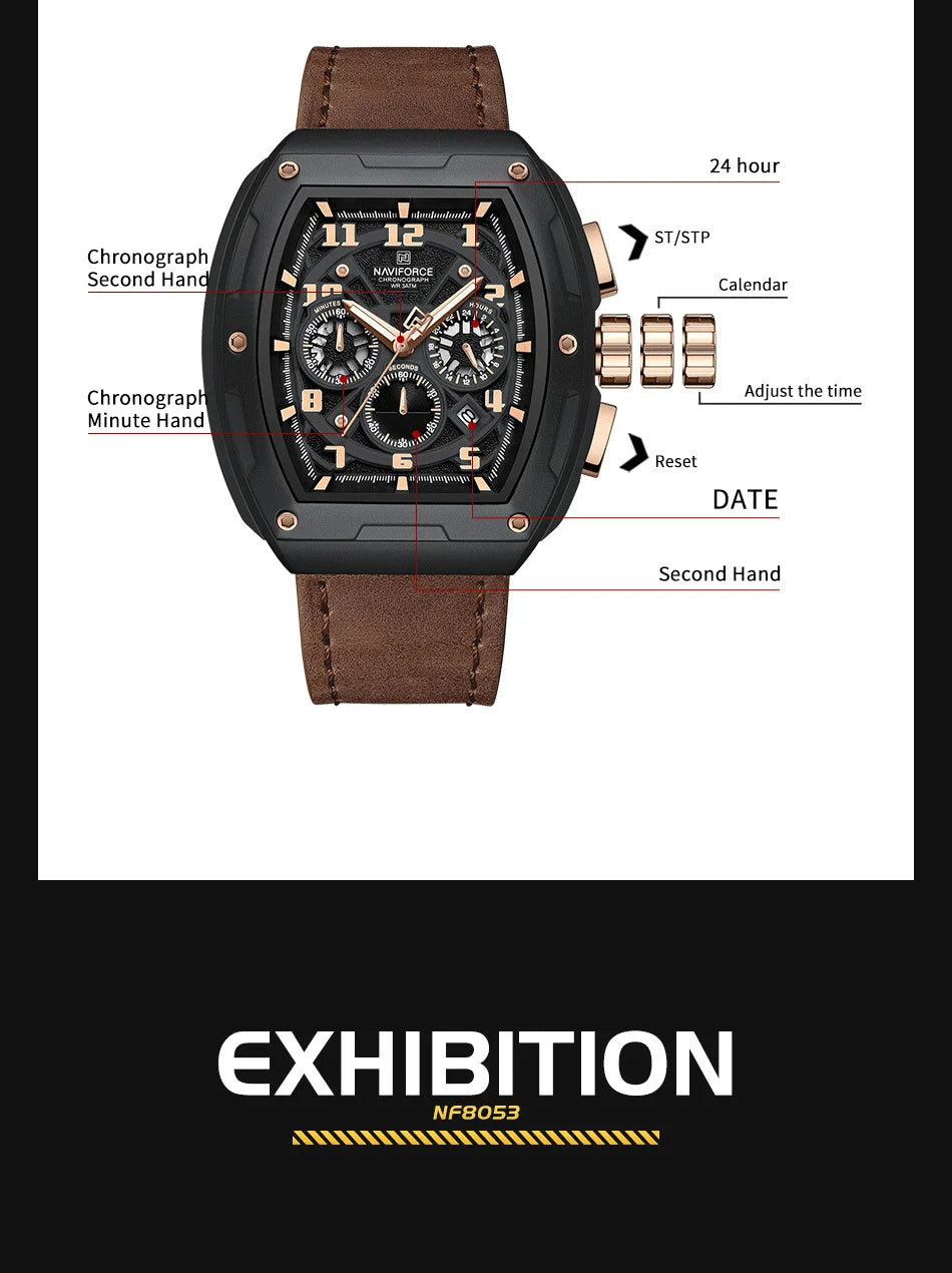 NAVIFORCE Wristwatch for Man Quartz Chronograph 3ATM Waterproof Male Business Clock Trendy Leather Strap Gifts for Father's Day