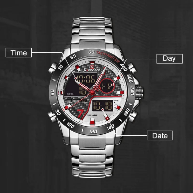 NAVIFORCE Man's Quartz Watch Dual Display Luminous Stainless Steel Strap Male Fashion Business Father's Day Wristwatch Gifts Box