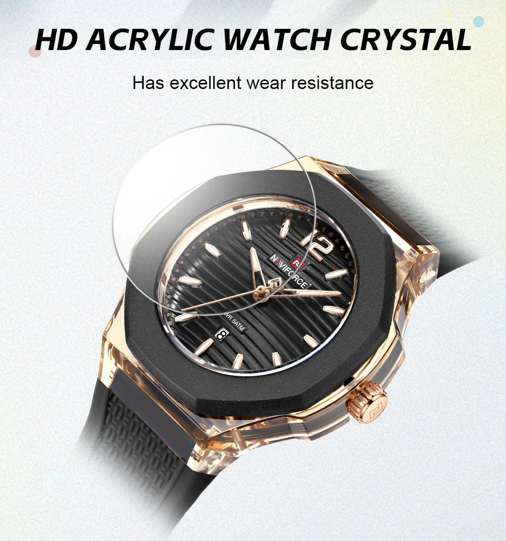 NAVIFORCE Fashion Watch for Women 5ATM Waterproof Silicone Strap Auto Date Display Night Illumination Ladies Elegant Watch Gift