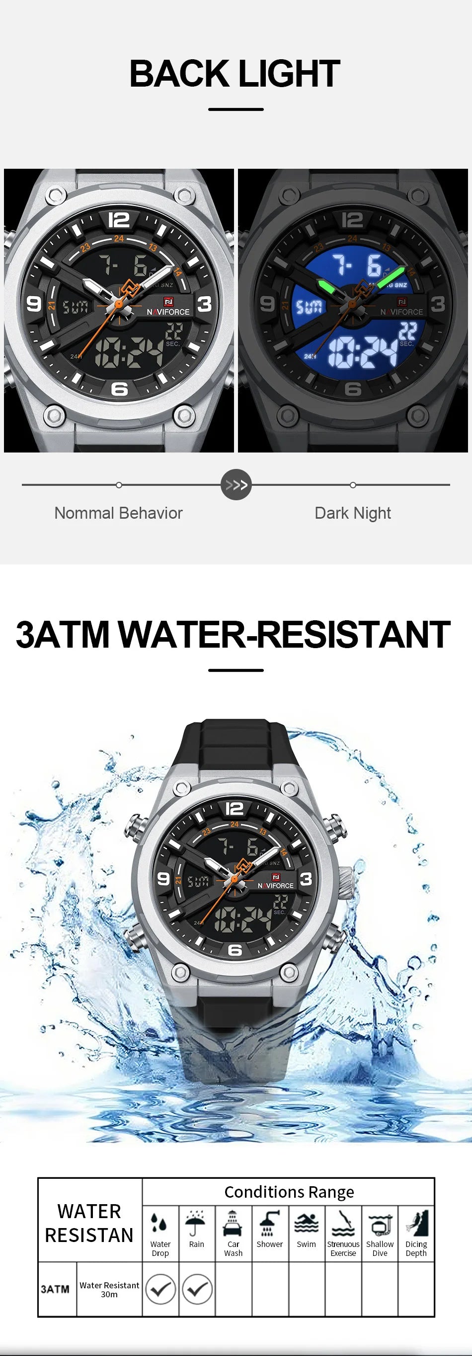 NAVIFORCE Man's Watches Dual Display Week and Date Waterproof Luminous Silicone Strap Male Business Fashion Wristwatch Gift Box
