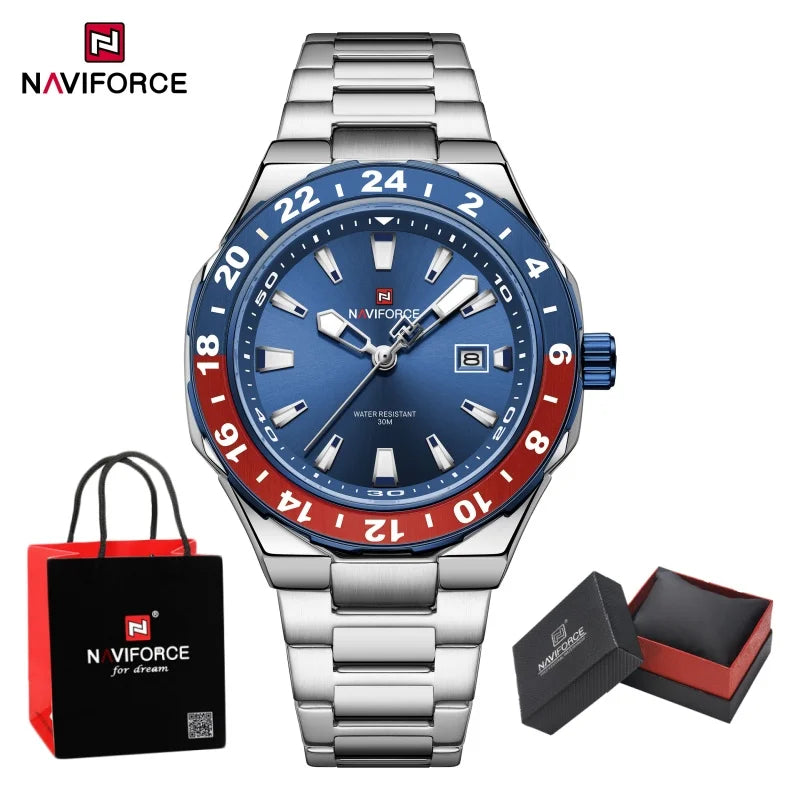 NAVIFORCE  Watches for Man Stainless Steel Waterproof Luxury Sports Quartz Clock Luminous Calendar Wristwatch Male Package Gifts