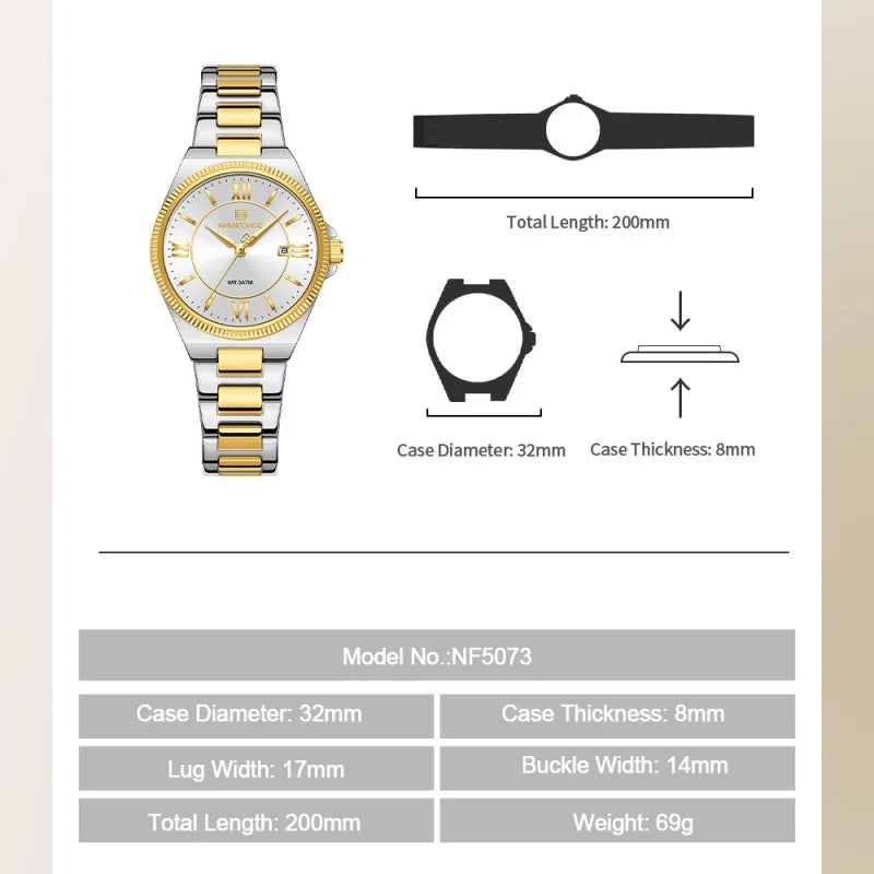 NAVIFORCE Women's Quartz Watch 3ATM Waterproof Date Display Stainless Steel Fashion for Daily Dress Lady Wristwatch Gifts Box