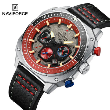 NAVIFORCE Sports Multifunction 24 Hours Date Display Waterproof Watch for Men Fashion Leather Quartz Analog Luminous Wrist Watch