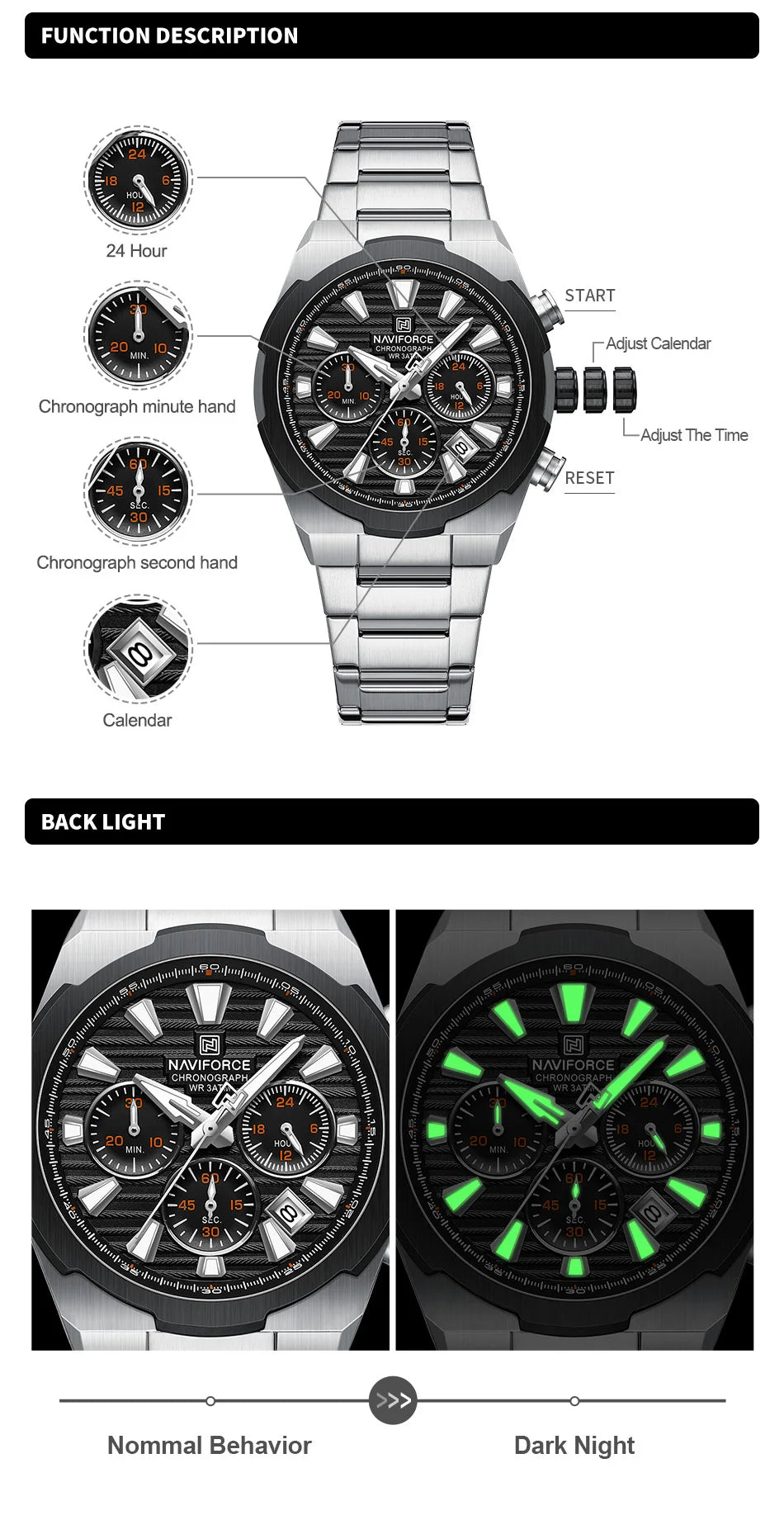 NAVIFORCE Man's Watch Mutifunction Chronograph Quartz Calendar Display Luminous New Men Clock Military Style Wristwatch Gift Box