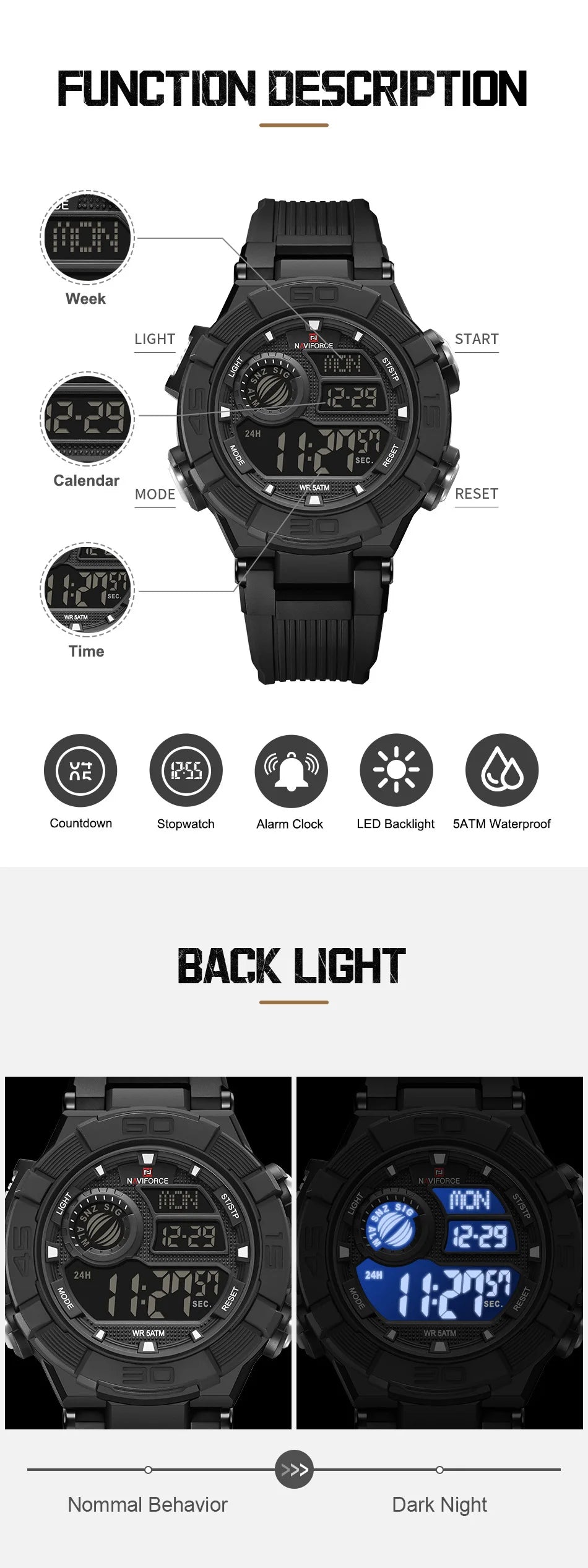 NAVIFORCE Man's Watch LCD Digital NF7131 Original Design Luminous Big Dial TPU Strap Outdoor Wristwatch Gift Box for Students