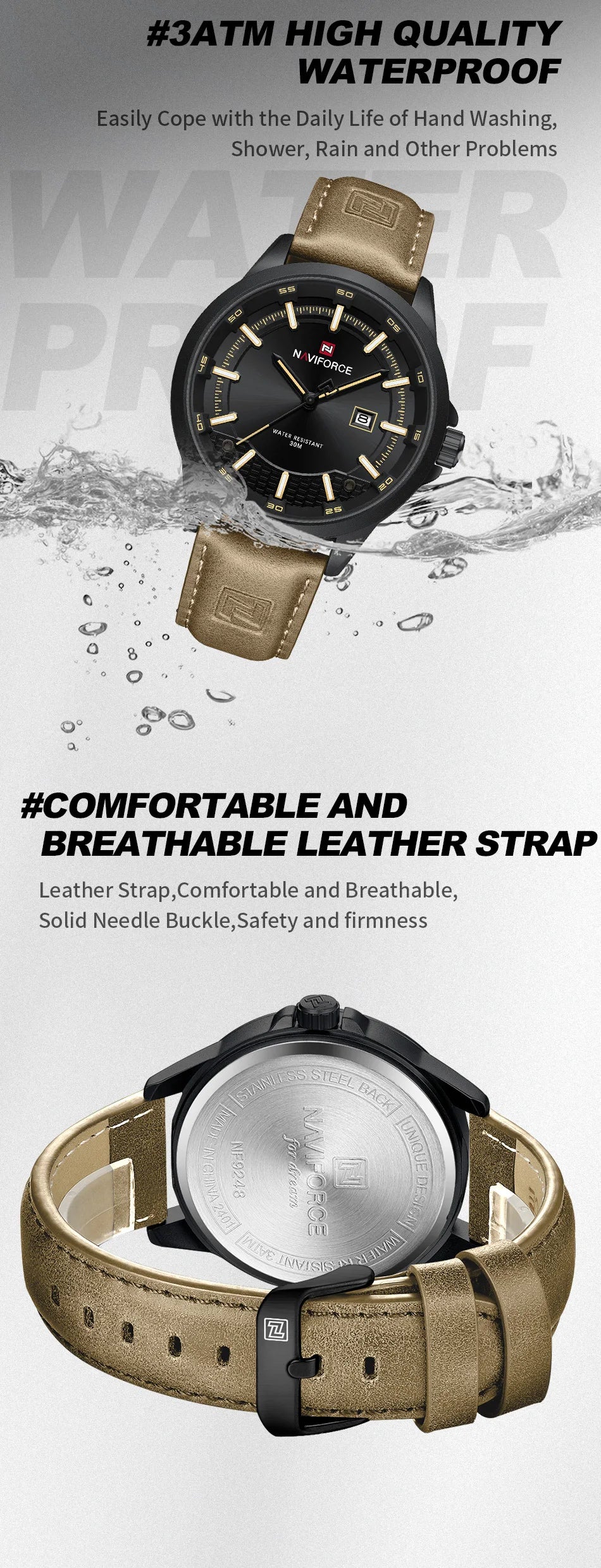 NAVIFORCE Simple Original Leather Man Watches Waterproof Luminous Quartz Dress Watch Men's Business Hand Calendar Clock Gifts