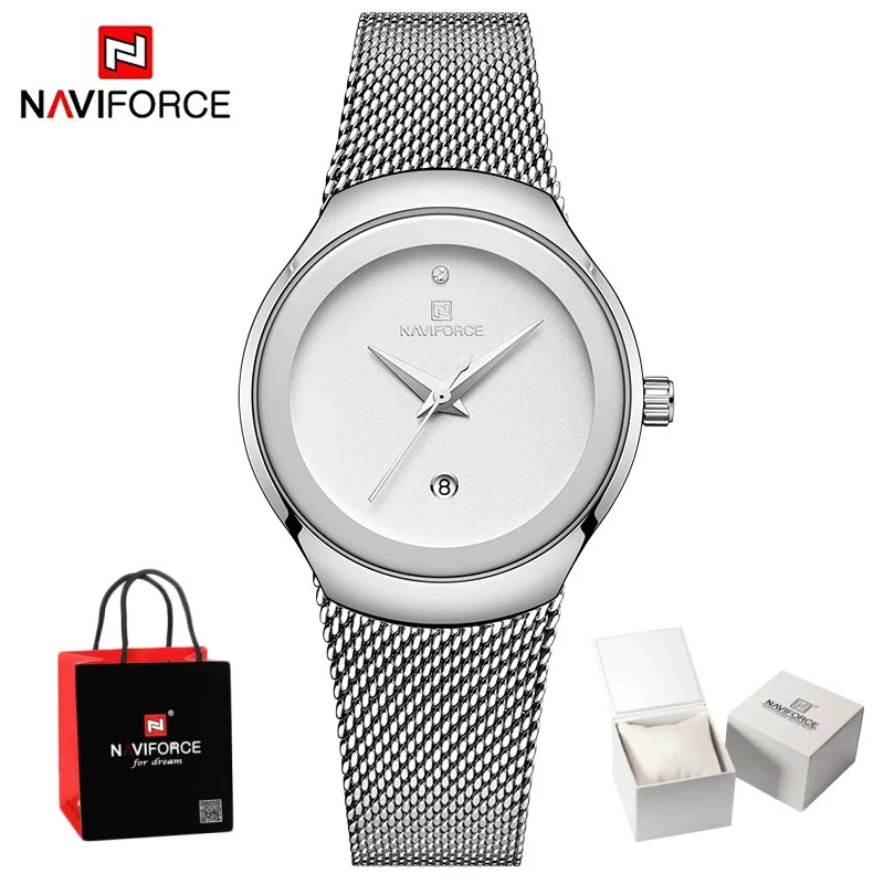 NAVIFORCE Women's Simple Quartz Watches 30M Waterproof Auto Date Steel Strap Female Casual Fashion Daily Use Wristwatch Gift Box