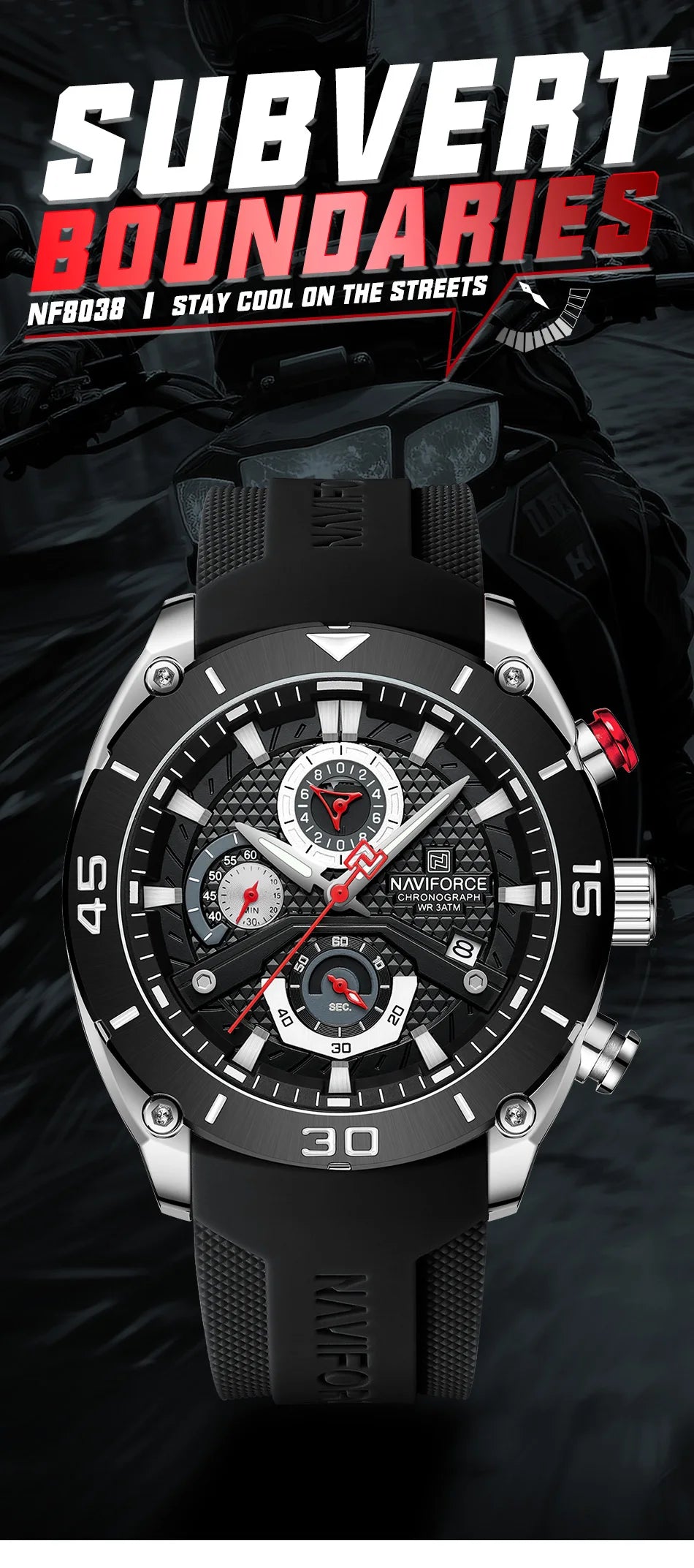 NAVIFORCE Man's Watch Quartz Chronograph 30M Waterproof Luminous Silicone Strap Trendy Sports Simple Wristwatch Gift Box for Men