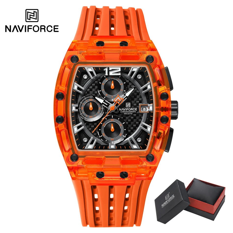 NAVIFORCE Men's Quartz Watch Multifunctional Colorful Chronograph Top Brand Silicone Strap 5ATM Waterproof Tonneau Wristwatches
