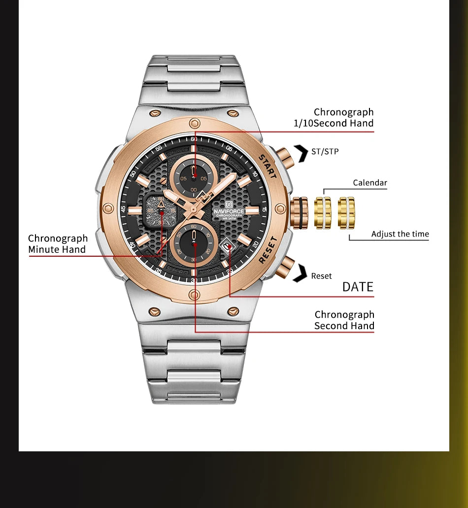 NAVIFORCE 2025 Man Quartz Watch Sport Military Watch For Men Waterproof Luminous Date Chronograph Stainless Steel Men's Watches