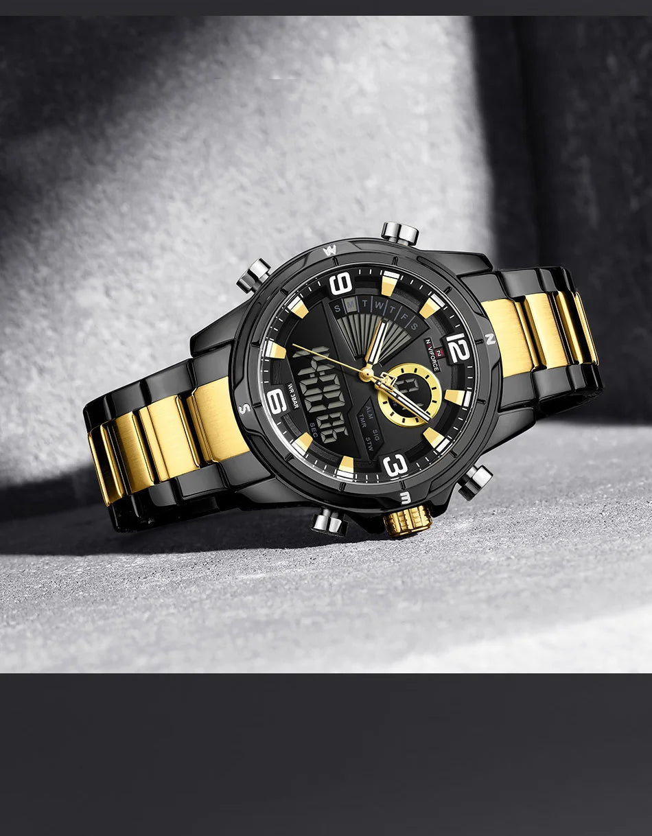 NAVIFORCE Luxury Man's Watch Quartz Chronograph Dual Display 3ATM Waterproof Military Style Sports Wristwatch Gift Box For Men