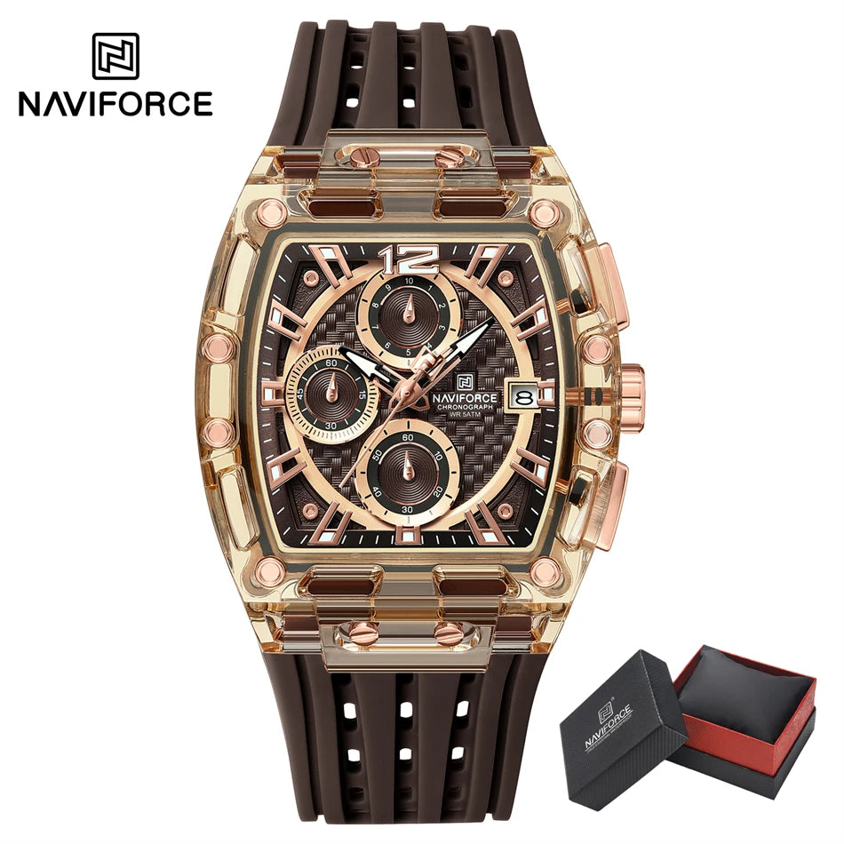 NAVIFORCE Men's Quartz Watch Multifunctional Colorful Chronograph Top Brand Silicone Strap 5ATM Waterproof Tonneau Wristwatches