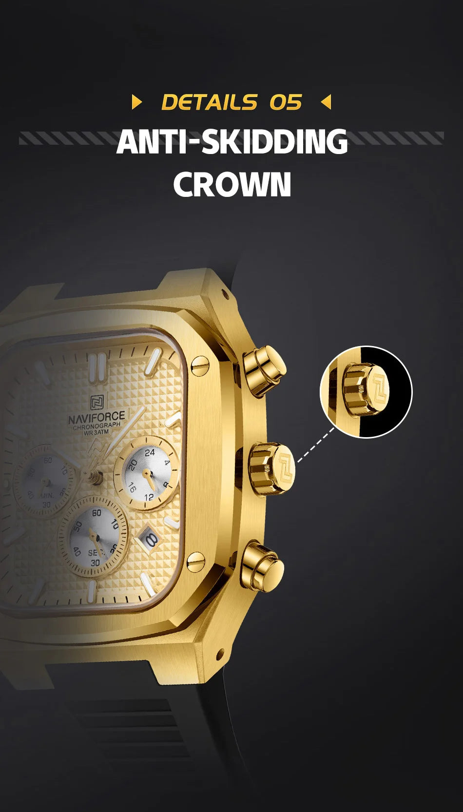 NAVIFORCE Men's Luxury Gold Watch Fashion Silicone Strap Quartz Movement Waterproof Square Wristwatch with Luminous Hands And Da
