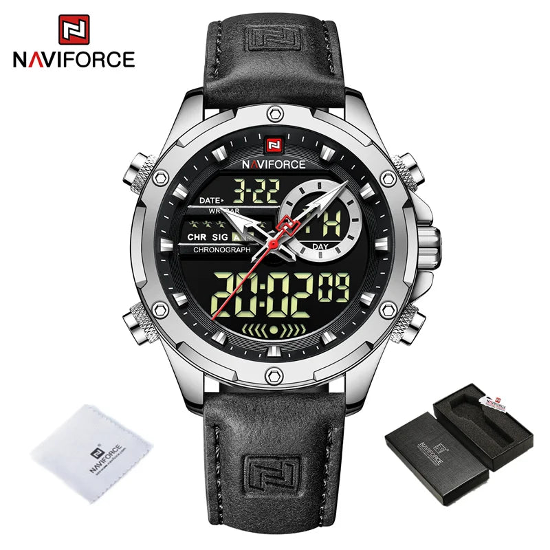 NAVIFORCE Original Men's Dual Time Luxury Sport Watch Casual Chronograph Alarm Quartz Wristwatch Leather Strap Waterproof Clock