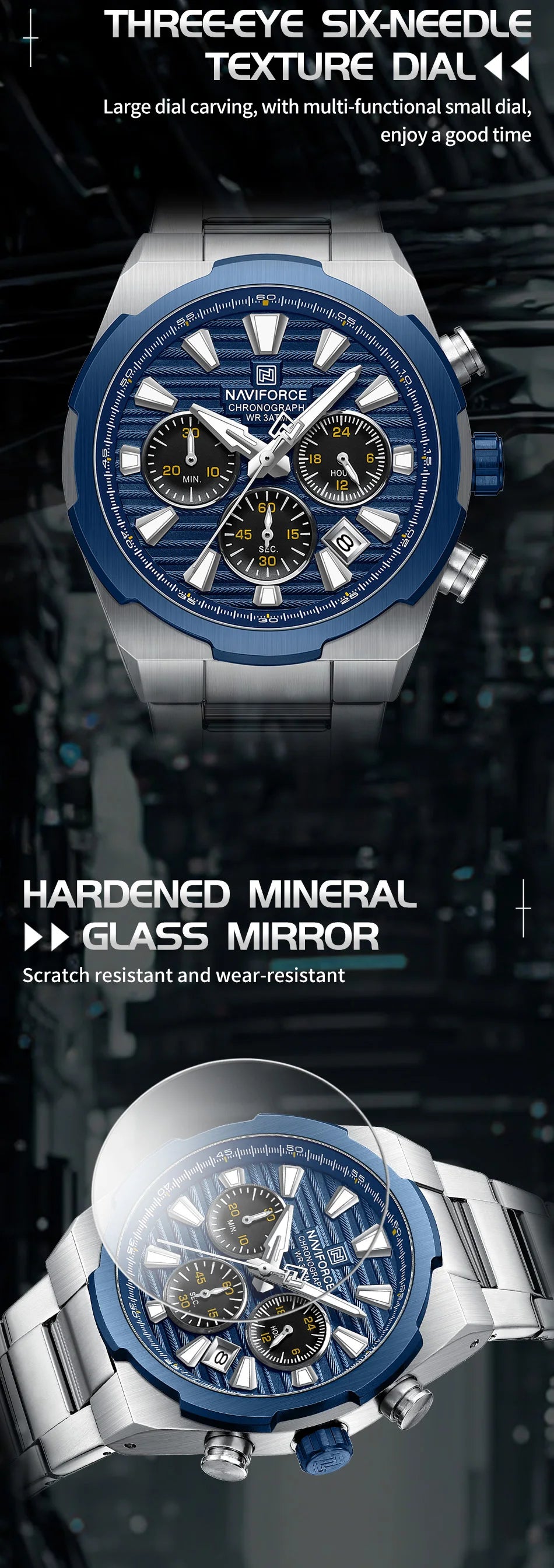 NAVIFORCE Watch For Men Mutifunction Chronograph Quartz Wristwatches Calendar display Military 24 Hours Luminous New Men Clock