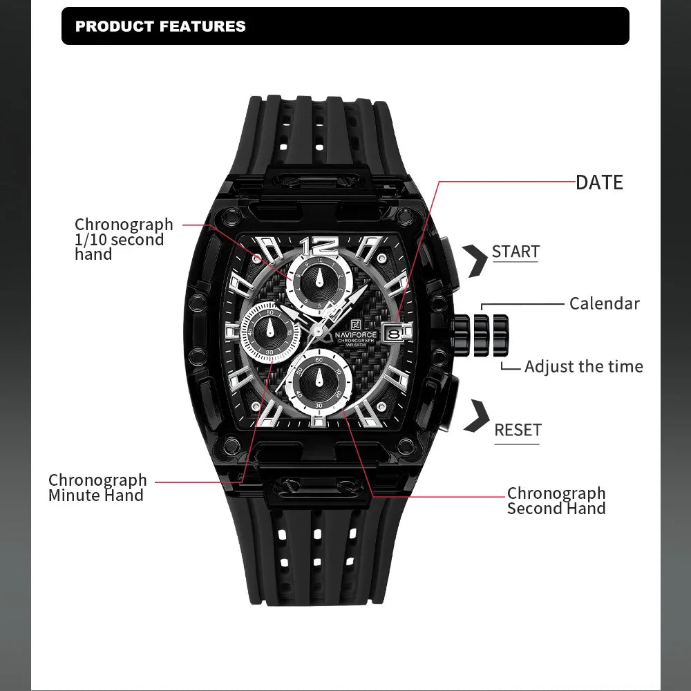 NAVIFORCE Man's Watch Quartz Chronograph 5ATM Waterproof Silicone Strap Fashion Sports Male Luxury Wristwatch Gifts Box NF7105