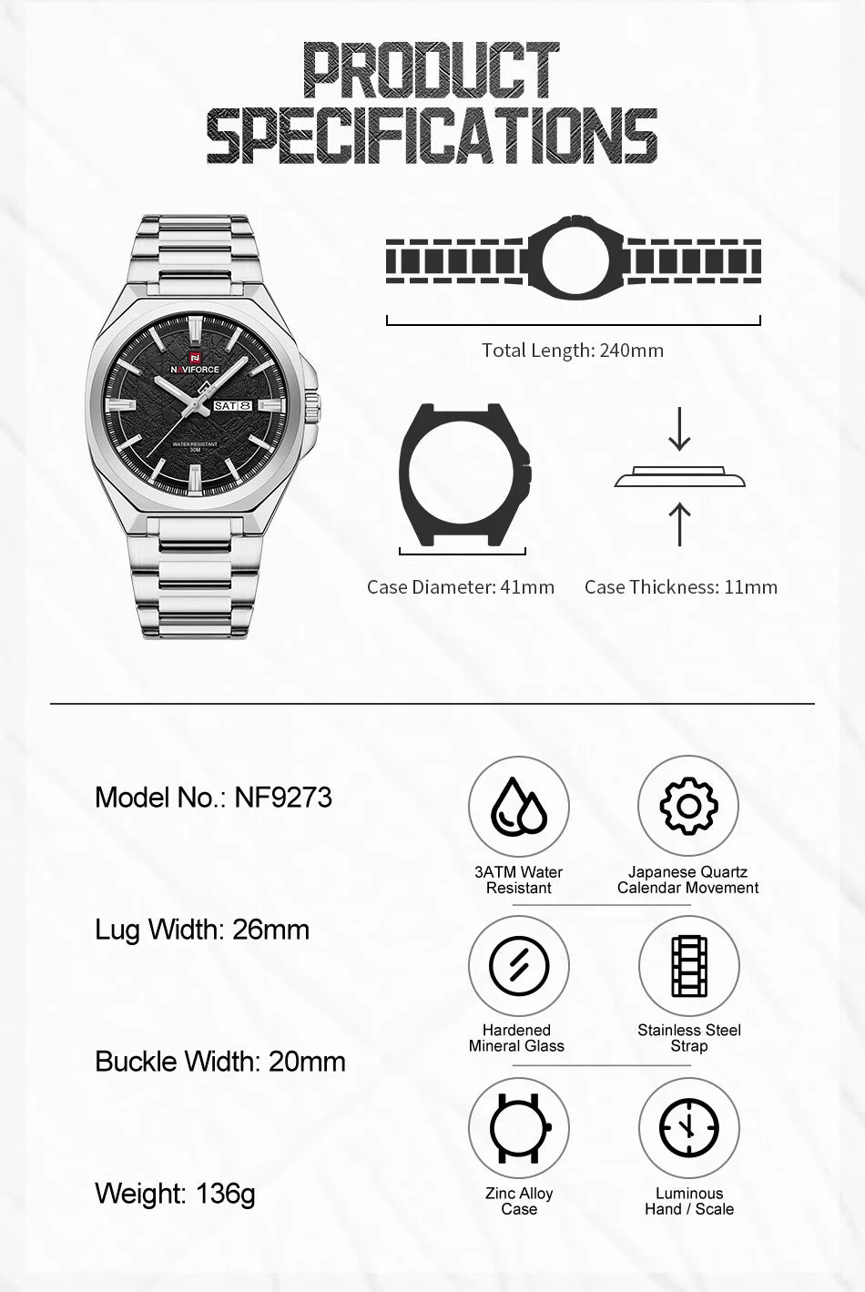 NAVIFORCE Watches for Man Quartz 30M Waterproof Luminous Hand Stainless Steel Business Male Fashion Wristwatch Relogio Masculino